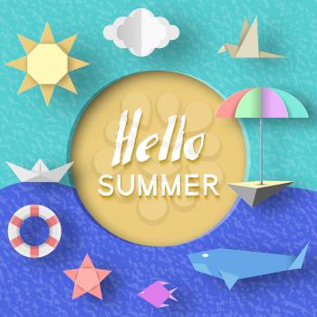 Hello Summer Paper Applique Symbols, Sign and Objects with Text illustrate the Greeting of the Summertime. Template for Banner, Card, Logo, Poster, Label. Art Background. Design Vector Illustrations.