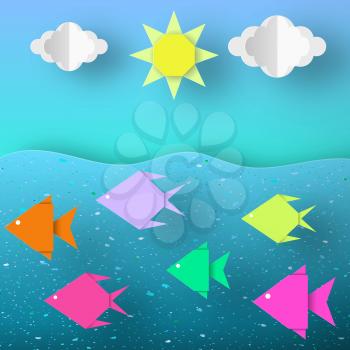 Underwater Paper Word. Undersea Life with Cut Fishes, Clouds, Sun.  Summer Landscape. Cutout Crafted Applique. Vector Illustrations Art Design.