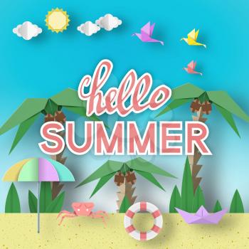 Hello Summer Paper Origami Seasonal Symbols, Sign, Elements with Text Illustrate the Greeting of the Summertime. Fashion Trend Background, Banner, Card, Logo, Poster. Vector Illustrations Art Design.