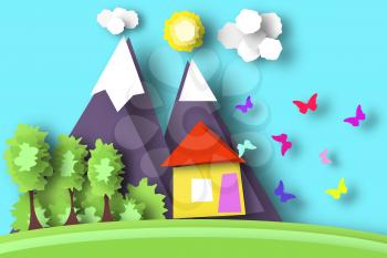 Village Scene Paper World. Rural Life with Cut Butterflies, House, Tree, Cloud, Sun. Colorful Crafted Nature. Summer Landscape. Cutout Applique. Hanging Elements. Vector Illustrations Art Design.