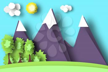 Mountain Scene Paper World. Rural Life with Cut, Meadow, Trees, Clouds, Sun. Colorful Crafted Countryside. Summer Landscape. Cutout Applique. Hanging Elements. Vector Illustrations Art Design.