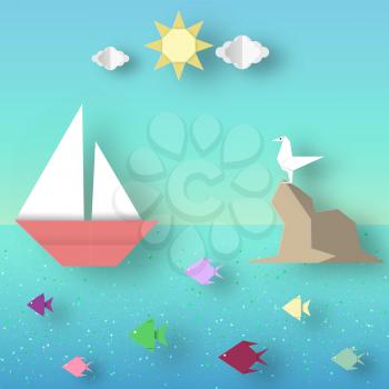 Paper Origami Landscape with Ship Sails Past the Reef with a Seagull. Cut Seascape. Papercut Style. Cutout Trend. Childish Gull, Ship, Fish, Clouds, Sun. Vector Graphics Illustrations Art Design.