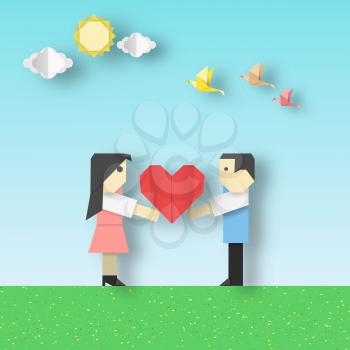 Happy Love Origami Scene with Couple and Big Hearts Crafted Romantic Paper Concept for Valentine's Day. Cut Applique Scene with Elements. Quality Art Cutout Template. Vector Illustrations Art Design.