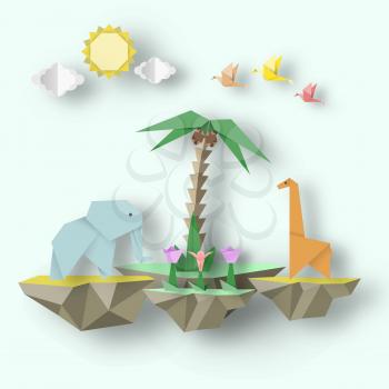 Art Origami Paper Abstract Concept, Applique Scene with Cut Elephant, Giraffe and 3D Fly Island, Papercut Amazing Artwork. Cutout Template with Elements, Symbols for Card. Vector Illustrations Art Design.