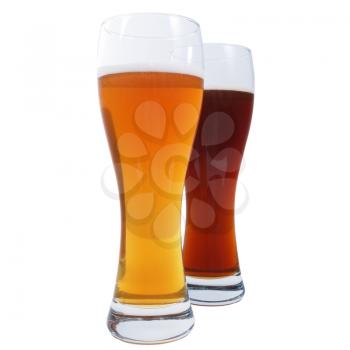 Two glasses of German dark and white weizen beer isolated over white