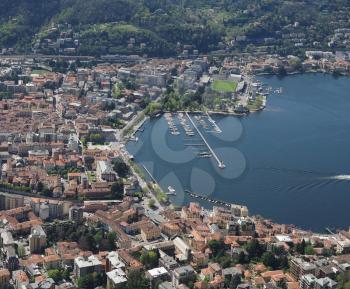 Large panoramic aerial view of the city and lake of Como, Italy