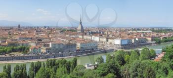 Wide panoramic aerial view of the city of Turin, Italy seen from the hill