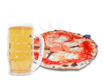Pizza Margherita traditional Italian food with large beer with copy space