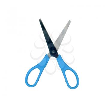scissors with open steel blades and and blue handles