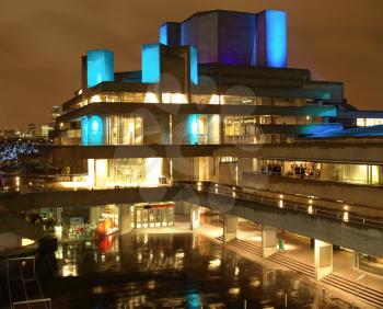 Night view of the Royal National Theatre in London, iconic sixties new brutalist architecture