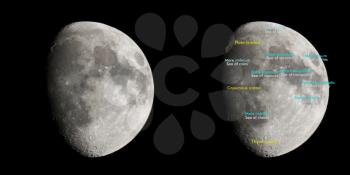 Moon atlas with seas and craters labels - Latin and English names