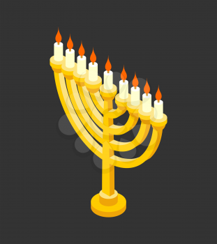 Menorah isometry for Jewish holiday. Traditional religious candelabrum. Israel is celebration. Vector illustration
