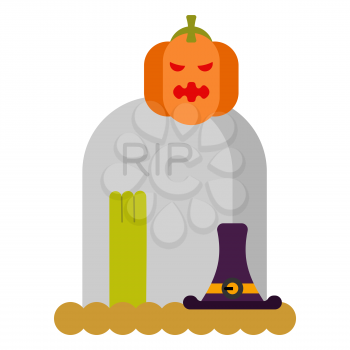 Zombie and grave and pumpkin. Gravestone and dead man. Halloween illustration