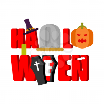 Halloween logo lettering. Gravestones and coffin. Hat witch and pumpkin. Typography for holiday
