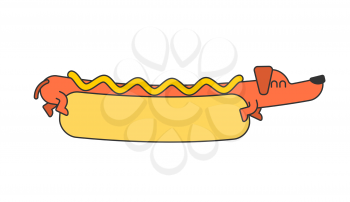 Hot dog dachshund and bun. Ketchup and mustard. Fast food pet
