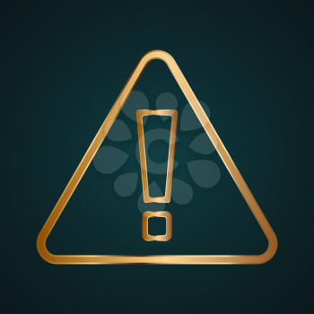 Warning exclamation sign vector icon. Gradient gold metal with dark background