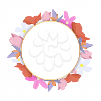 Tropical flowers around a round white frame copy space. Bright abstract background for banner, flyer or cover with copy space for text or emblem