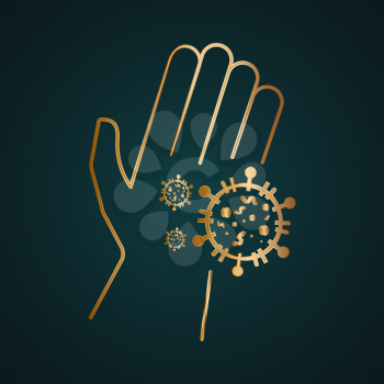 Coronavirus bacterial cells on human palm hand vector icon. Gold metal with dark background