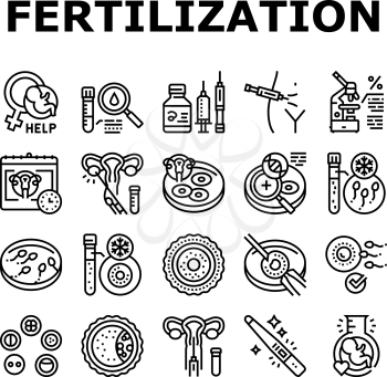 Fertilization Treat Collection Icons Set Vector. Fertilization Help And Consultation, Analysis And Medicaments, Ovulation And Freezing Sperm Black Contour Illustrations