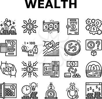 Wealth Finance Capital Collection Icons Set Vector. Millionaire Money Wealth And Financial Income, Budget And Investor Diversification Black Contour Illustrations