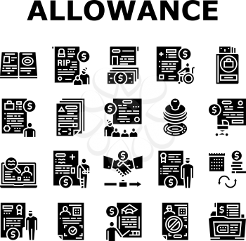 Allowance Finance Help Collection Icons Set Vector. Checking Status And Issue Of Allowance, Loss Of Breadwinner And Pregnancy Glyph Pictograms Black Illustrations