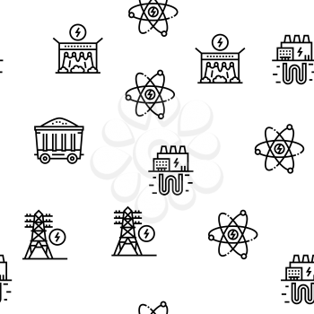 Energy Electricity And Fuel Power Icons Set Vector. Electric Solar Panel And Battery, Turbine And Dam, Energy Plant And Coal, Petrol And Gas Black Contour Illustrations
