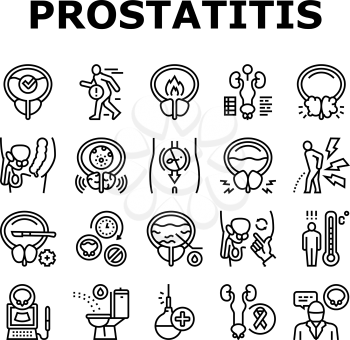 Prostatitis Disease Collection Icons Set Vector. Prostatitis Symptom, Examination And Treatment, Prostate Massage And Analysis Black Contour Illustrations