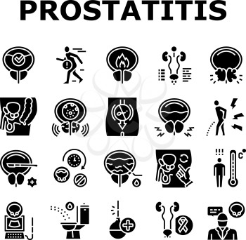 Prostatitis Disease Collection Icons Set Vector. Prostatitis Symptom, Examination And Treatment, Prostate Massage And Analysis Glyph Pictograms Black Illustrations