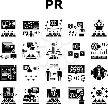 Pr Public Relations Collection Icons Set Vector. Pr Strategy And Events, Interview And Press Release, Meeting And Responses To Media Inquiries Glyph Pictograms Black Illustrations