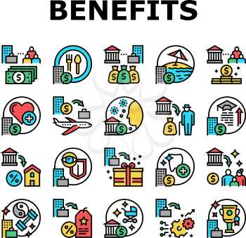 Benefits For Business Collection Icons Set Vector. Benefits For Employees And Social Protection, Free Lunch And Transport, Career And Experience Concept Linear Pictograms. Contour Color Illustrations