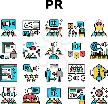 Pr Public Relations Collection Icons Set Vector. Pr Strategy And Events, Interview And Press Release, Meeting And Responses To Media Inquiries Concept Linear Pictograms. Contour Color Illustrations