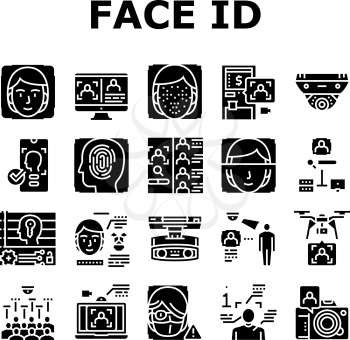 Face Id Technology Collection Icons Set Vector. Face Id And Finger Print Access, Atm Bank Terminal And Unblocked Smartphone Facial Protect System Glyph Pictograms Black Illustrations