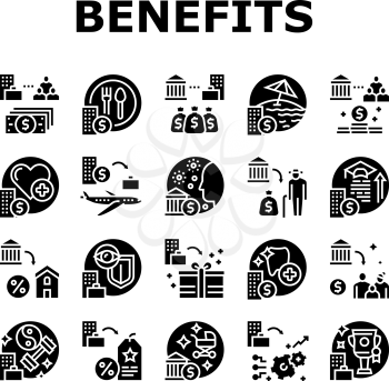 Benefits For Business Collection Icons Set Vector. Benefits For Employees And Social Protection, Free Lunch And Transport, Career And Experience Glyph Pictograms Black Illustrations