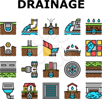 Drainage Water System Collection Icons Set Vector. Road And House, City And Industry Drain System, Bath And Sink Drainage Hole Concept Linear Pictograms. Contour Color Illustrations