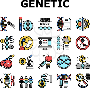 Genetic Engineering Collection Icons Set Vector. Animal And Human, Fruit And Meat Gmo Food, Chemical Laboratory Research And Development Genetic Concept Linear Pictograms. Contour Color Illustrations