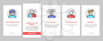 Psychological Problems Onboarding Mobile App Page Screen Vector. Depression And Bipolar Disorder, Schizophrenia And Dementia, Autism And Stress Problems Illustrations