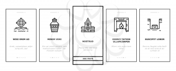 Funeral Burial Service Onboarding Mobile App Page Screen Vector. Church And Priest, Grave And Coffin, Candle And Gravestone, Funeral Crematorium And Cemetery Illustrations