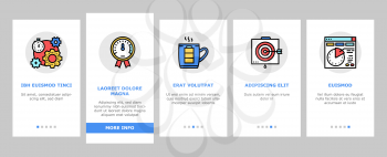 Productivity Manage Onboarding Mobile App Page Screen Vector. Energy Drink And Motivation, Working Hours And Growth Rates, Deadline And Productivity Work Illustrations