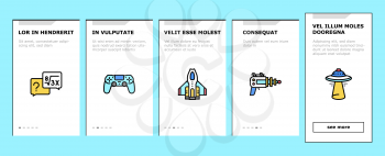 Geek, Nerd And Gamer Onboarding Mobile App Page Screen Vector. Chess And Video Game, Mathematics And Astrology, Ufo And Futuristic Weapon Geek Illustrations