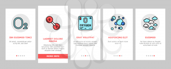 Oxygen O2 Chemical Onboarding Mobile App Page Screen Vector. Diatomic Molecule And Oxygen Bubbles, Blood And Water, Facial Mask And Medical Equipment Illustrations