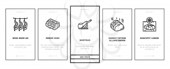 Meat Factory Product Onboarding Mobile App Page Screen Vector. Beef And Pork, Chicken And Rabbit Meat, Smoked And Dried Sausage And Ham Manufacturing Illustrations