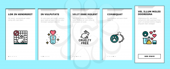 Cruelty Free Animals Onboarding Mobile App Page Screen Vector. Not Tested On Rabbit And Dogs, Cruelty Free And Stop Chemical And Cosmetics Test Illustrations