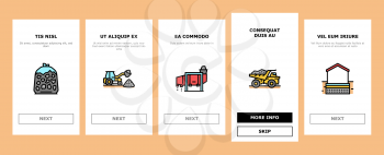 Crushed Stone Mining Onboarding Mobile App Page Screen Vector. Heavy Machinery And Excavator, Dump Truck And Railway Carriage, Stone Mine Equipment Illustrations