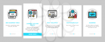 Dev Code Occupation Onboarding Mobile App Page Screen Vector. Dev Application And Software, Hacking And Coding, Development App And Debug Fixing Illustrations
