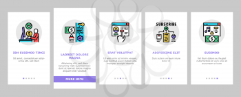 Subscription Content Onboarding Mobile App Page Screen Vector. Buying Video Game And Music, Electronic Book And Film, Subscription On Blog Or Video Channel Illustrations