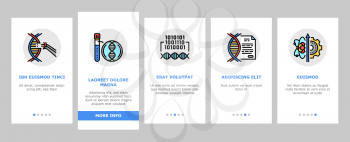 Genetic Engineering Onboarding Mobile App Page Screen Vector. Animal And Human, Fruit And Meat Gmo Food, Chemical Laboratory Research And Development Genetic Illustrations