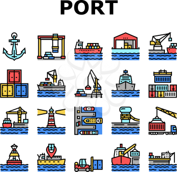 Container Port Tool Collection Icons Set Vector. Port Crane Loader For Loading Boxes On Ship And Storehouse, Buoy And Lighthouse, Delivery Service Concept Linear Pictograms. Contour Illustrations