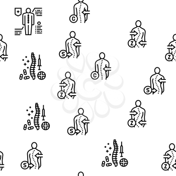 Scoliosis Disease Collection Icons Set Vector. Corset And Surgery Medical Operation For Treatment Kyphosis And Scoliosis Health Problem Black Contour Illustrations