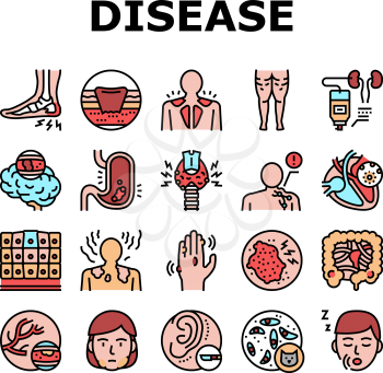 Disease Human Problem Collection Icons Set Vector. Epithelial Tissue And Toxoplasmosis, Ear Surgery And Cellulite, Skin Itch And Lymphoma Disease Concept Linear Pictograms. Contour Illustrations