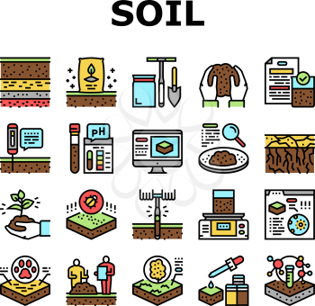 Soil Testing Nature Collection Icons Set Vector. Soil Testing Equipment And Ph Device, Laboratory Analyzing And Using Pesticides Concept Linear Pictograms. Contour Color Illustrations